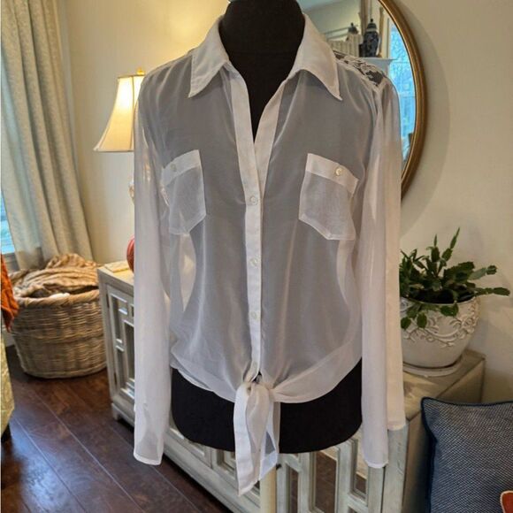 White Sheer Button-Up Blouse - Picture 1 of 4